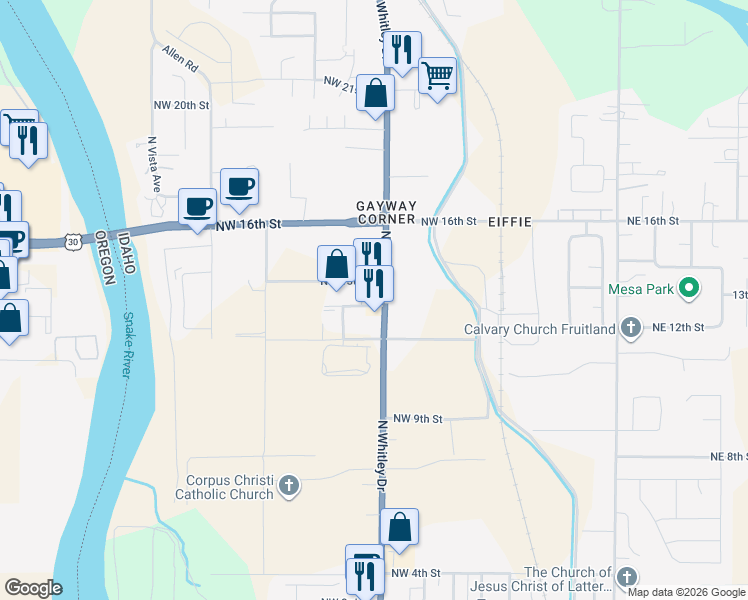 map of restaurants, bars, coffee shops, grocery stores, and more near 1205 North Whitley Drive in Fruitland