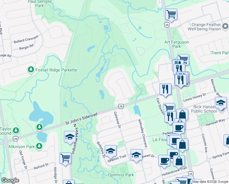 map of restaurants, bars, coffee shops, grocery stores, and more near Pinnacle Trail in Aurora