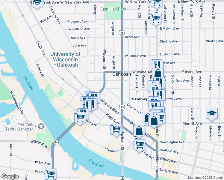 map of restaurants, bars, coffee shops, grocery stores, and more near 422 Union Avenue in Oshkosh