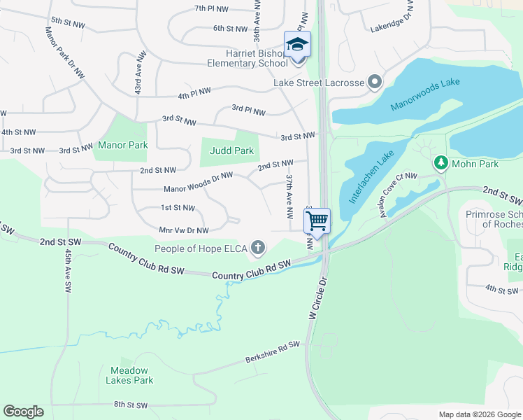 map of restaurants, bars, coffee shops, grocery stores, and more near 3764 Manor Woods Drive Northwest in Rochester