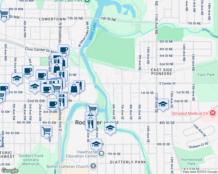 map of restaurants, bars, coffee shops, grocery stores, and more near 533 1/2 East Center Street in Rochester