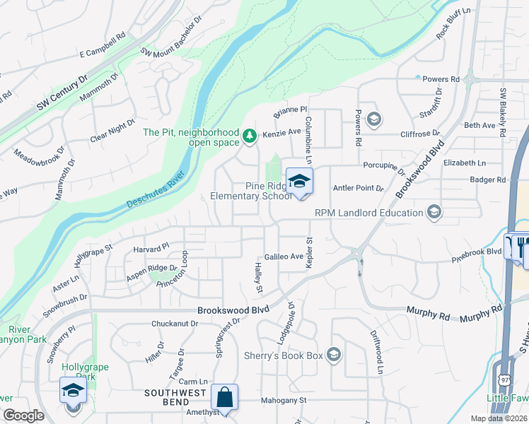 map of restaurants, bars, coffee shops, grocery stores, and more near 61262 Huckleberry Place in Bend