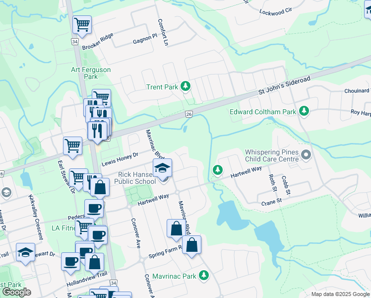 map of restaurants, bars, coffee shops, grocery stores, and more near 18 Fields Court in Aurora