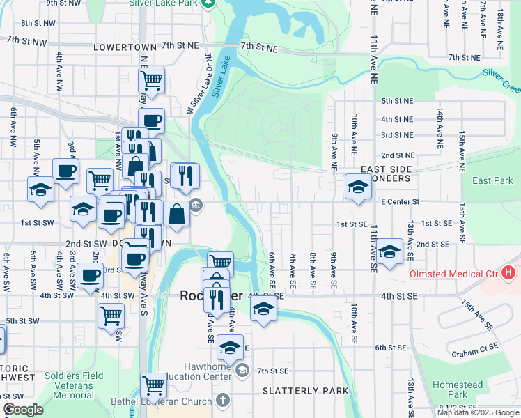 map of restaurants, bars, coffee shops, grocery stores, and more near 524 East Center Street in Rochester