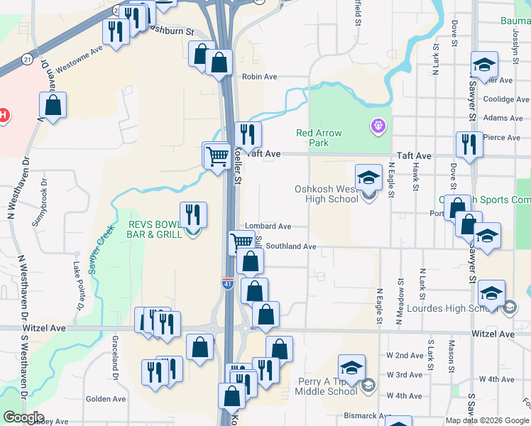 map of restaurants, bars, coffee shops, grocery stores, and more near 420 Sullivan Street in Oshkosh