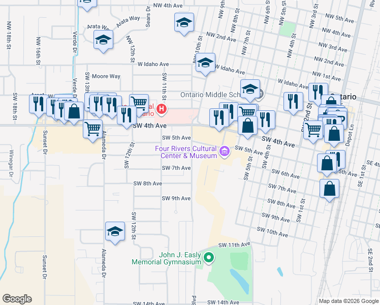 map of restaurants, bars, coffee shops, grocery stores, and more near 585 Park Boulevard in Ontario