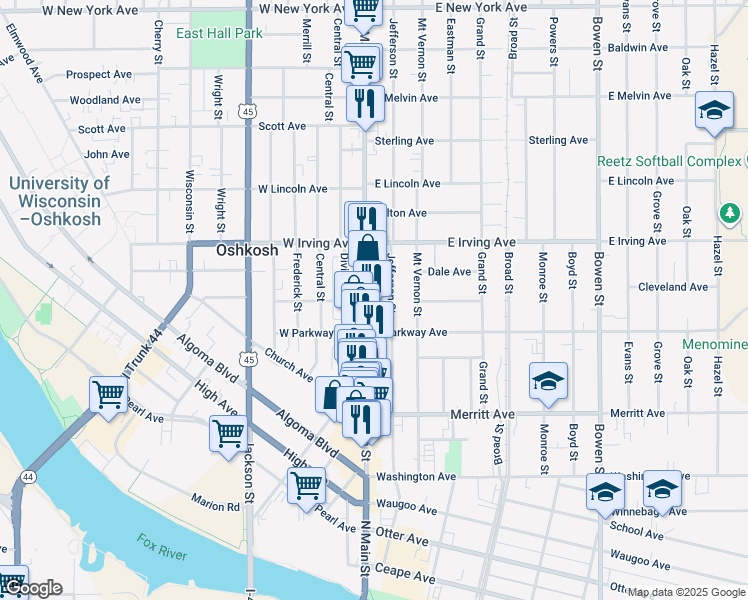 map of restaurants, bars, coffee shops, grocery stores, and more near 630 North Main Street in Oshkosh