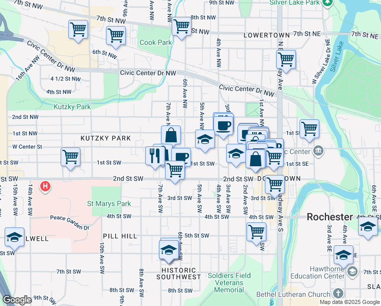 map of restaurants, bars, coffee shops, grocery stores, and more near 565 1st Street Southwest in Rochester