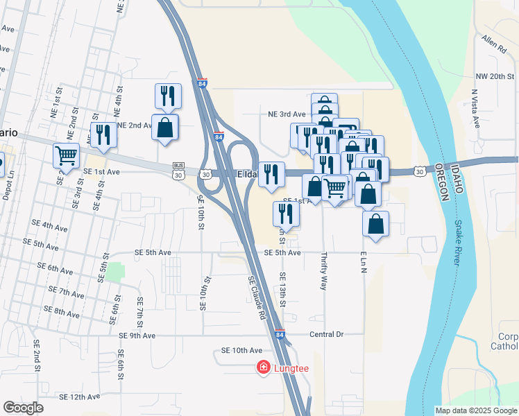 map of restaurants, bars, coffee shops, grocery stores, and more near 125 Southeast 13th Street in Ontario
