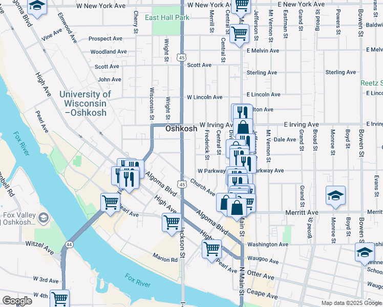 map of restaurants, bars, coffee shops, grocery stores, and more near 608 Jackson Street in Oshkosh