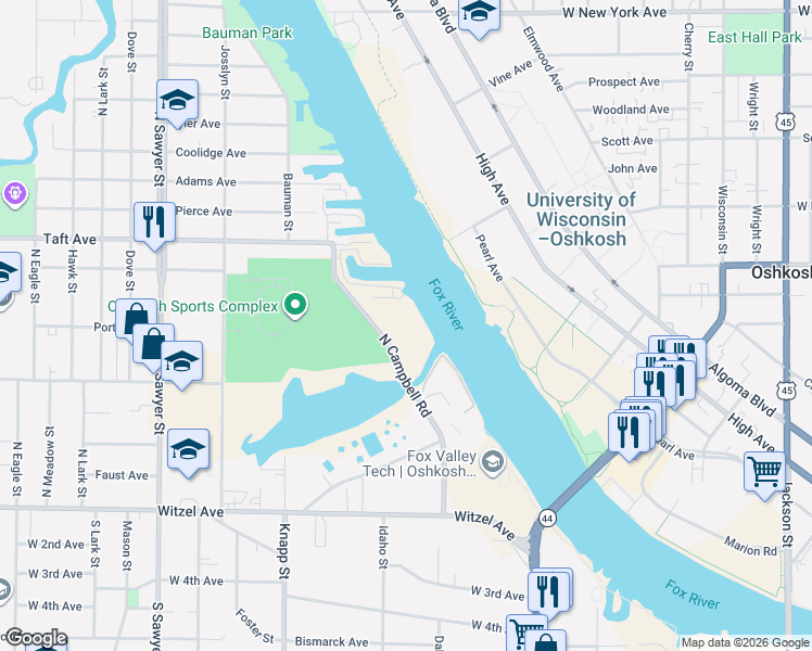 map of restaurants, bars, coffee shops, grocery stores, and more near 400 North Campbell Road in Oshkosh
