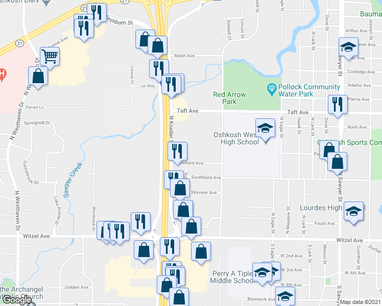 map of restaurants, bars, coffee shops, grocery stores, and more near 430 Sullivan Street in Oshkosh