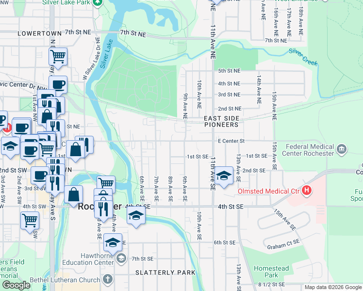 map of restaurants, bars, coffee shops, grocery stores, and more near in Rochester