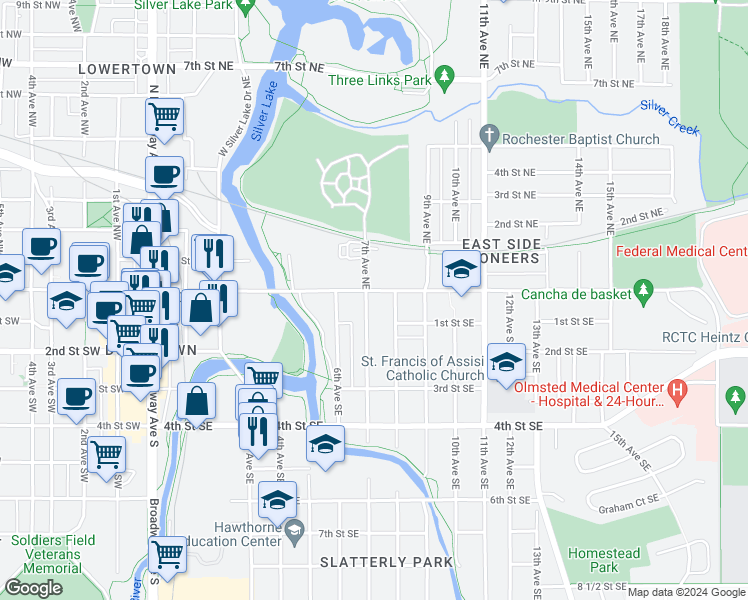 map of restaurants, bars, coffee shops, grocery stores, and more near in Rochester