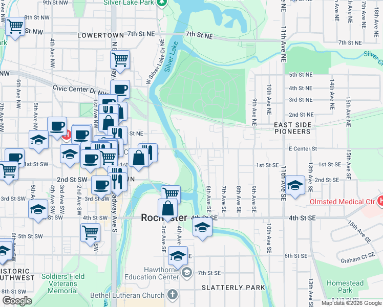map of restaurants, bars, coffee shops, grocery stores, and more near in Rochester