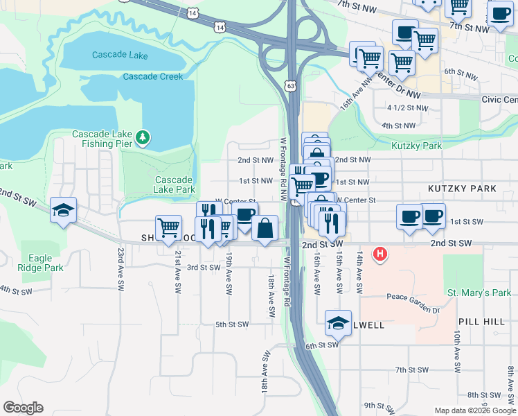 map of restaurants, bars, coffee shops, grocery stores, and more near 1747 West Center Street in Rochester