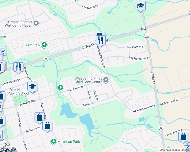 map of restaurants, bars, coffee shops, grocery stores, and more near Boland Court in Aurora
