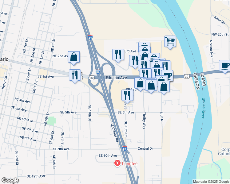 map of restaurants, bars, coffee shops, grocery stores, and more near 125 Southeast 13th Street in Ontario