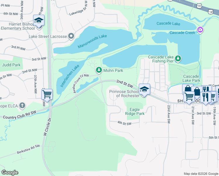 map of restaurants, bars, coffee shops, grocery stores, and more near 67 Conner Circle Southwest in Rochester