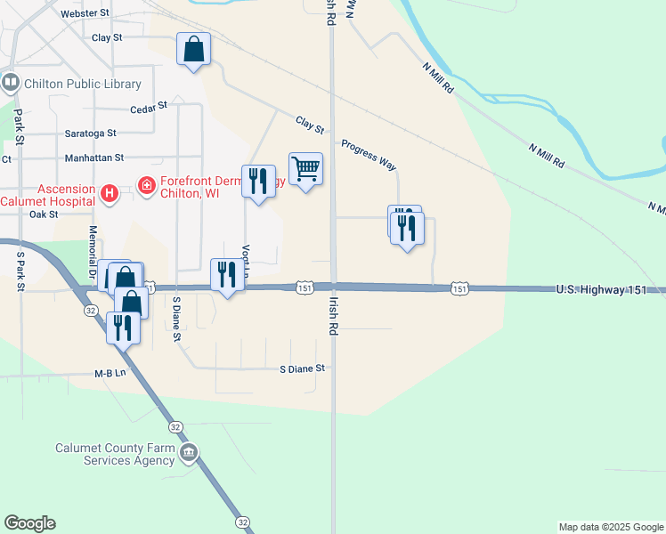 map of restaurants, bars, coffee shops, grocery stores, and more near 889 Irish Road in Chilton