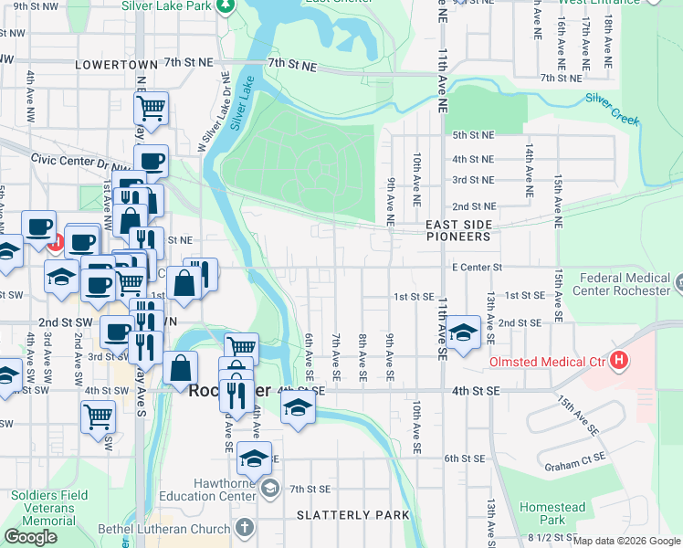 map of restaurants, bars, coffee shops, grocery stores, and more near 704 East Center Street in Rochester