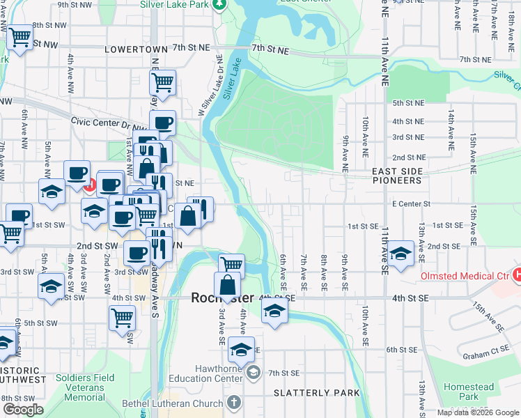 map of restaurants, bars, coffee shops, grocery stores, and more near in Rochester