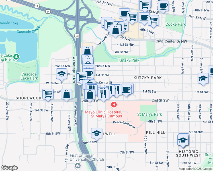 map of restaurants, bars, coffee shops, grocery stores, and more near 1308 West Center Street in Rochester