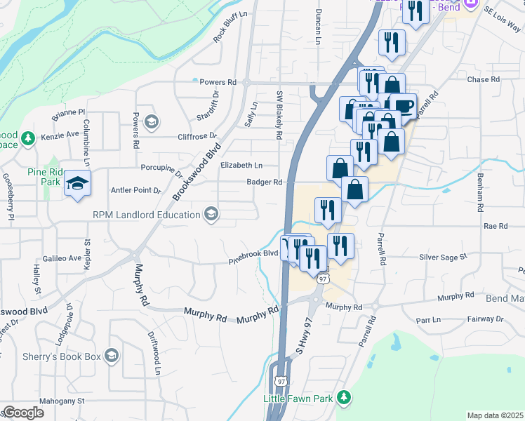 map of restaurants, bars, coffee shops, grocery stores, and more near 61232 Brittle Bush Street in Bend