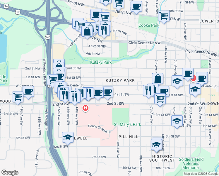 map of restaurants, bars, coffee shops, grocery stores, and more near 7 11th Avenue Southwest in Rochester
