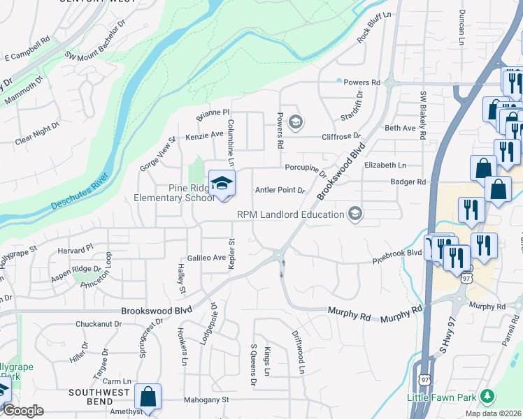 map of restaurants, bars, coffee shops, grocery stores, and more near 19880 Hollygrape Street in Bend