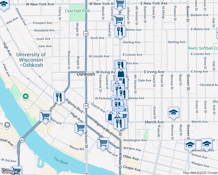 map of restaurants, bars, coffee shops, grocery stores, and more near 638 Central Street in Oshkosh