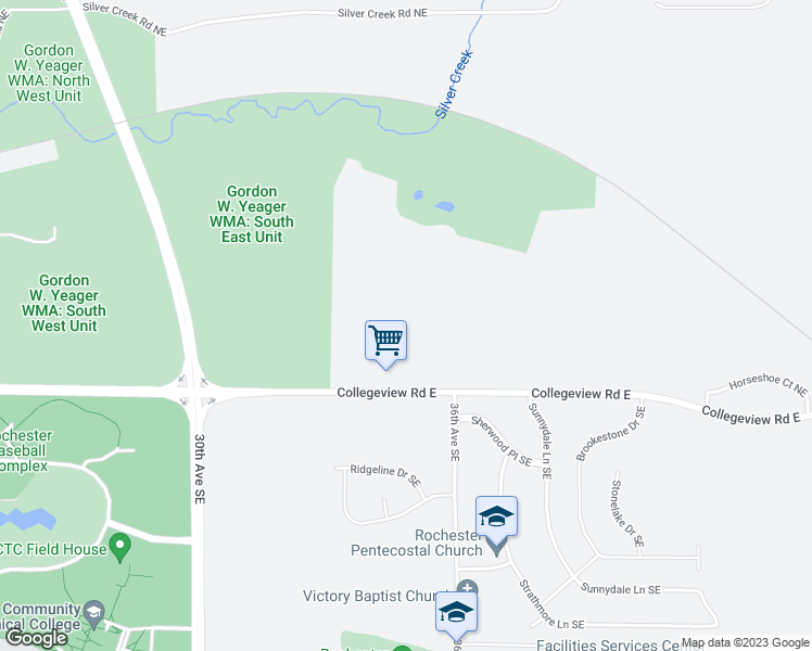 map of restaurants, bars, coffee shops, grocery stores, and more near 3415 Collegeview Road East in Rochester