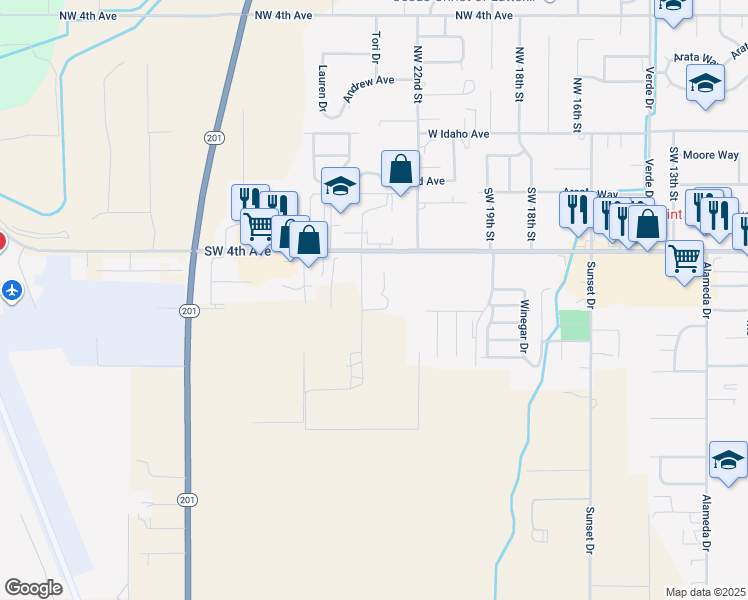 map of restaurants, bars, coffee shops, grocery stores, and more near 520 Southwest 24th Street in Ontario