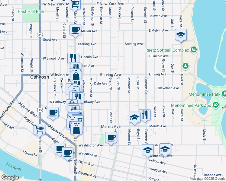 map of restaurants, bars, coffee shops, grocery stores, and more near 648 Broad Street in Oshkosh