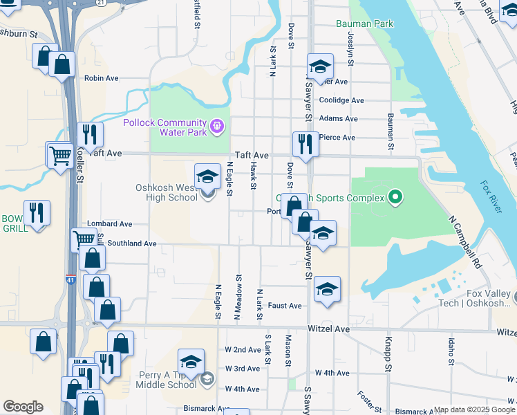 map of restaurants, bars, coffee shops, grocery stores, and more near 422 Hawk Street in Oshkosh