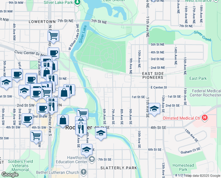 map of restaurants, bars, coffee shops, grocery stores, and more near in Rochester