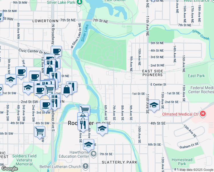 map of restaurants, bars, coffee shops, grocery stores, and more near 533 1/2 East Center Street in Rochester