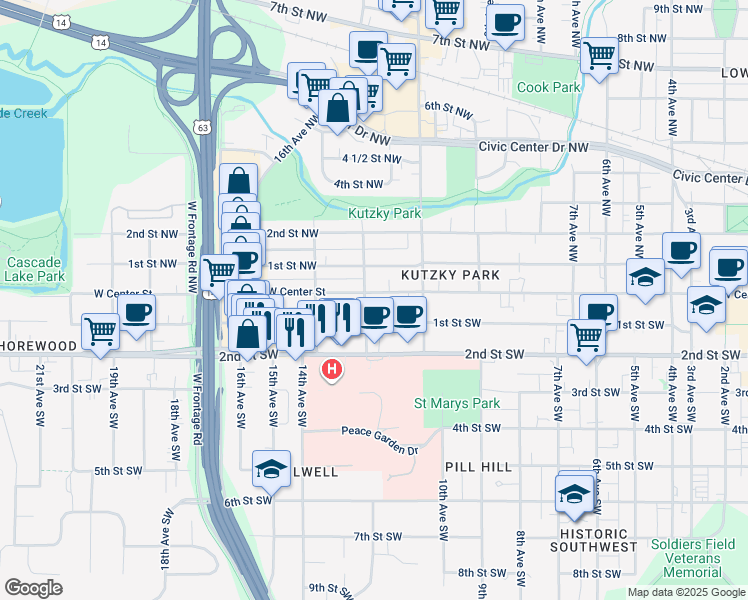 map of restaurants, bars, coffee shops, grocery stores, and more near 1149 West Center Street in Rochester