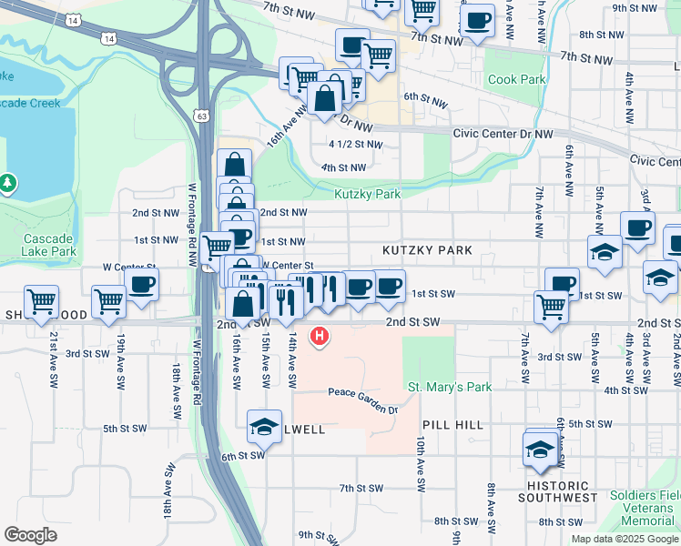 map of restaurants, bars, coffee shops, grocery stores, and more near 1225 West Center Street in Rochester