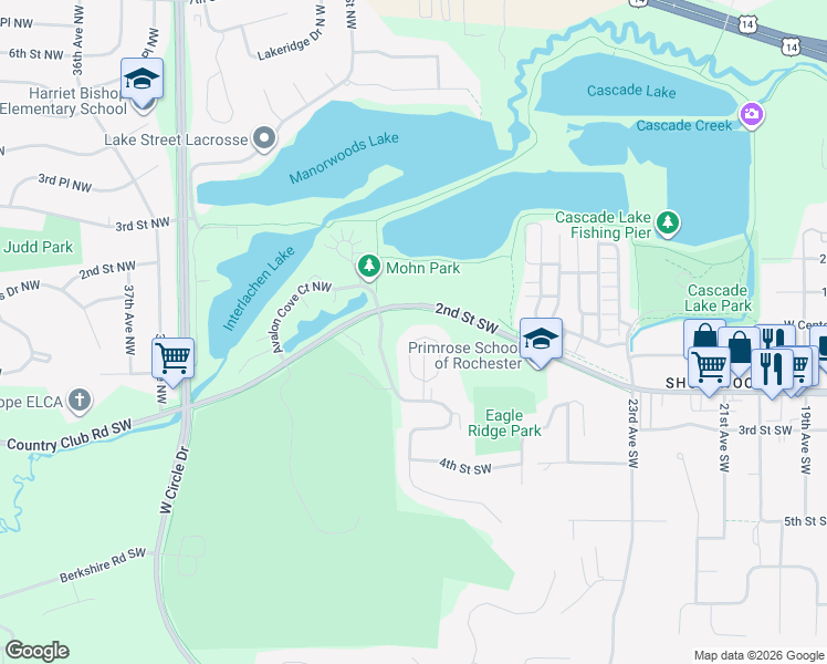 map of restaurants, bars, coffee shops, grocery stores, and more near 67 Conner Circle Southwest in Rochester