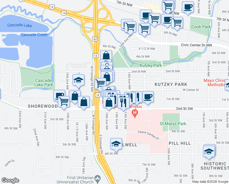 map of restaurants, bars, coffee shops, grocery stores, and more near 1502 West Center Street in Rochester