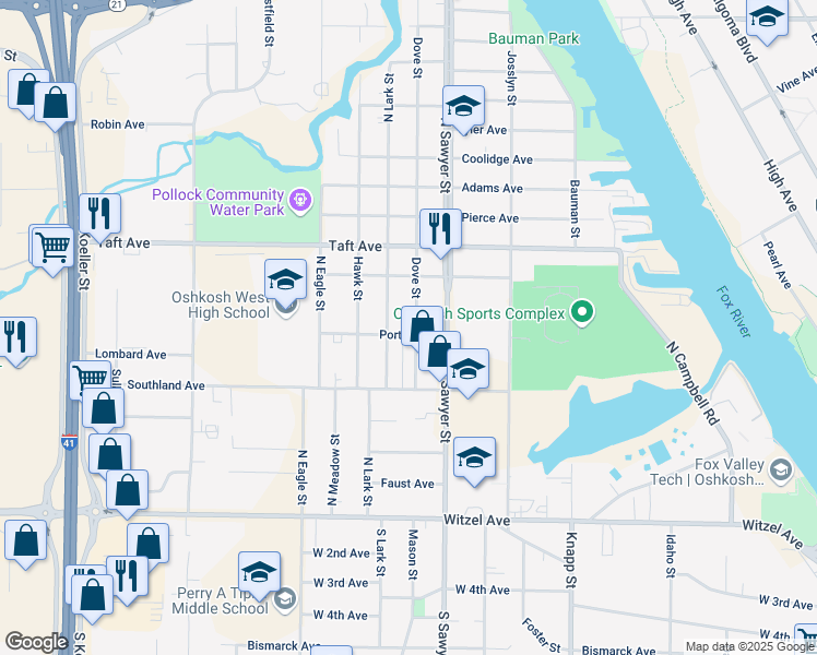 map of restaurants, bars, coffee shops, grocery stores, and more near 413 Dove Street in Oshkosh