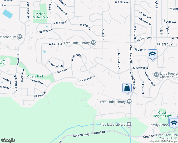 map of restaurants, bars, coffee shops, grocery stores, and more near 2172 McLean Boulevard in Eugene