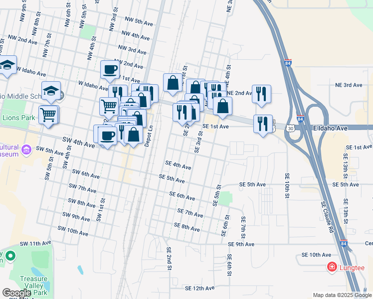 map of restaurants, bars, coffee shops, grocery stores, and more near 296 Southeast 2nd Street in Ontario