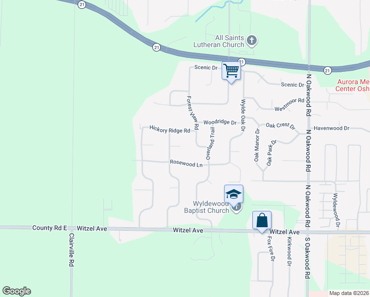 map of restaurants, bars, coffee shops, grocery stores, and more near 3625 Acorn Court in Oshkosh