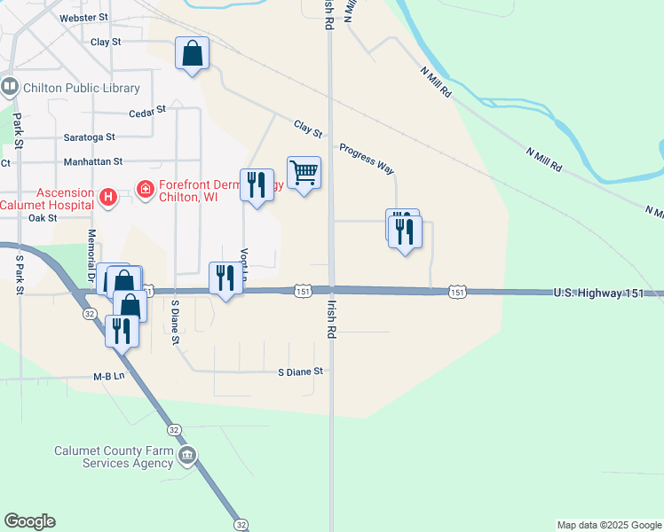 map of restaurants, bars, coffee shops, grocery stores, and more near 889 Irish Road in Chilton