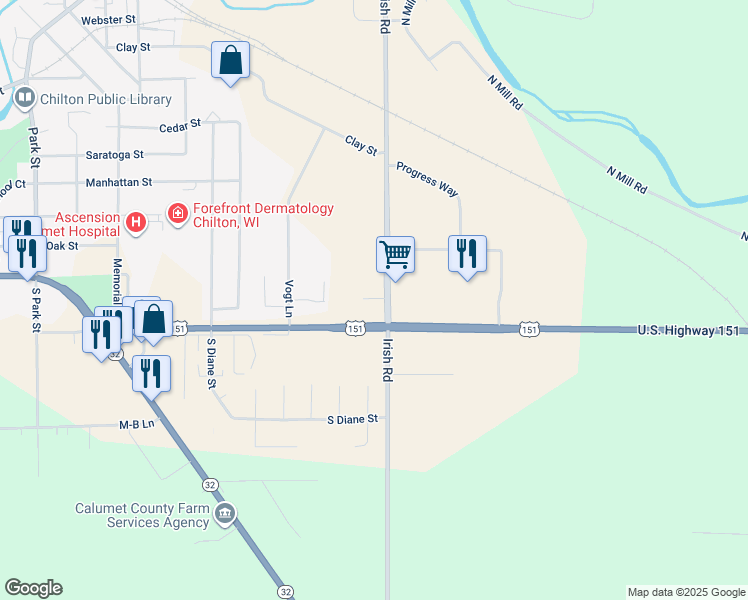 map of restaurants, bars, coffee shops, grocery stores, and more near 889 Irish Road in Chilton