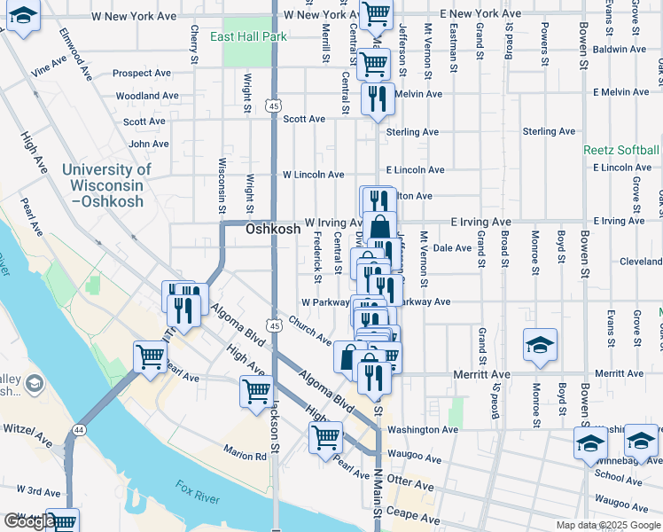 map of restaurants, bars, coffee shops, grocery stores, and more near 645 Frederick Street in Oshkosh