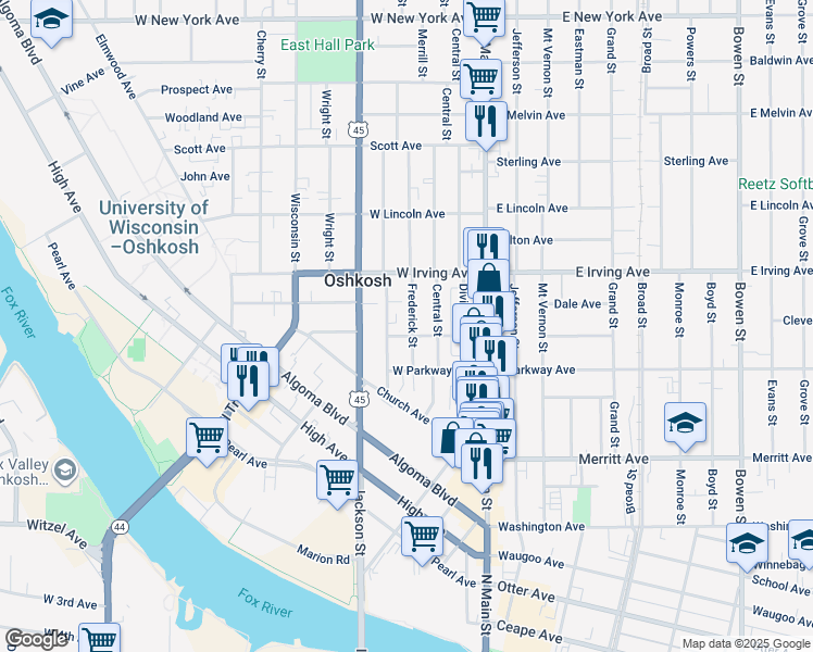 map of restaurants, bars, coffee shops, grocery stores, and more near 645 Frederick Street in Oshkosh