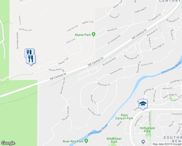 map of restaurants, bars, coffee shops, grocery stores, and more near 19378 Brookside Way in Bend